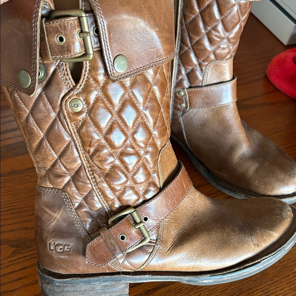 UGG Brown Quilted Leather Boots with Buckles